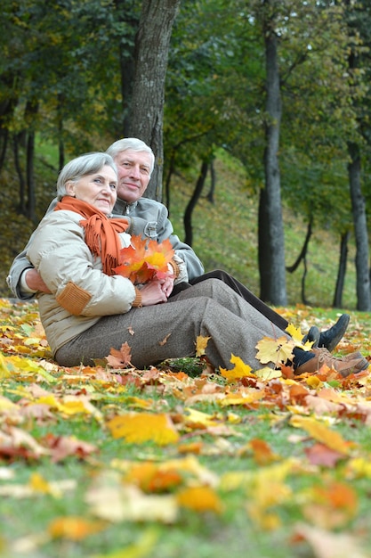 Gelukkig mooi senior paar zitten en glimlachen in herfst park