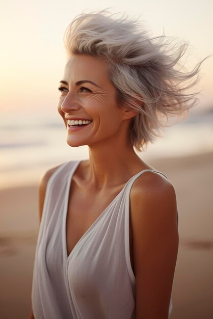 Gelukkig mooie volwassen senior vrouw glimlach en geniet van de natuur en het strand in vrijetijdsbesteding buiten alleen welzijn en gevoel van bewuste levensstijl vrouwelijke mensen met lang whit4 haar wegkijken vakantie