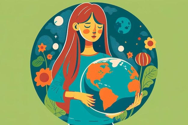 Gelukkig Mother Earth Day-meisje dat de planeet Generatieve AI vasthoudt