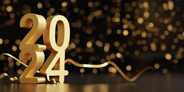 Foto gelukkig nieuw jaar 2024 met effect bokeh en reflectie 3d rendering