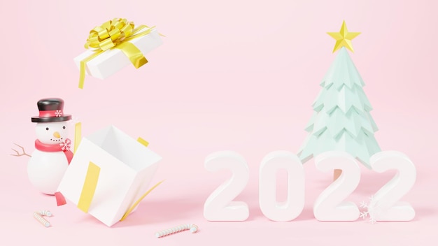 Gelukkig Nieuwjaar 2022 en Merry Christmas viering wenskaart 3D Rendering afbeelding