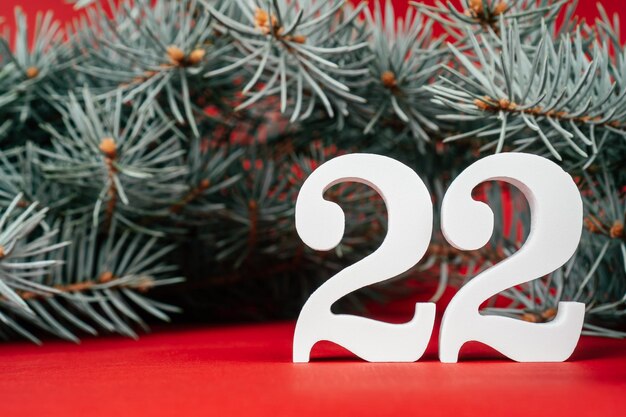 Gelukkig Nieuwjaar 2022. Witte houten nummers 22 staan met kerstboomtakken op rode achtergrond. Vrolijk Kerstfeest.