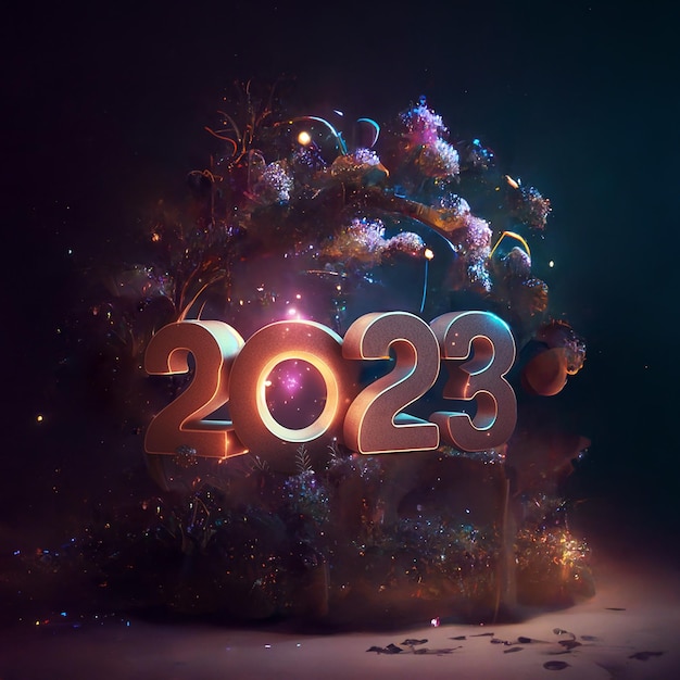 Gelukkig nieuwjaar 2023 3D-tekst, generatieve AI digitale kunst