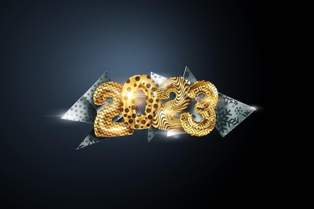 Gelukkig Nieuwjaar 2023 gouden opblaasbare ballonnen op een donkere achtergrond confetti vakantie kaart tijdschrift stijl banner website header web poster sjabloon voor reclame 3D illustratie 3D render