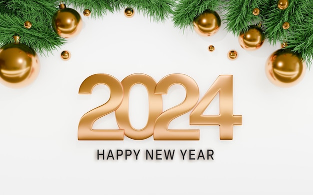 Gelukkig nieuwjaar 2024 getallen met kerstbal en dennen op witte achtergrond