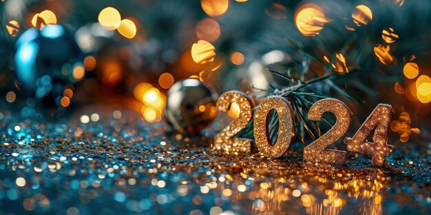 Gelukkig nieuwjaar 2024 groetekaartje krans kerst sfeer boom viering herinneren heldere momenten vonken en nummers 2024