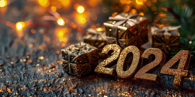 Gelukkig nieuwjaar 2024 groetekaartje krans kerst sfeer boom viering herinneren heldere momenten vonken en nummers 2024