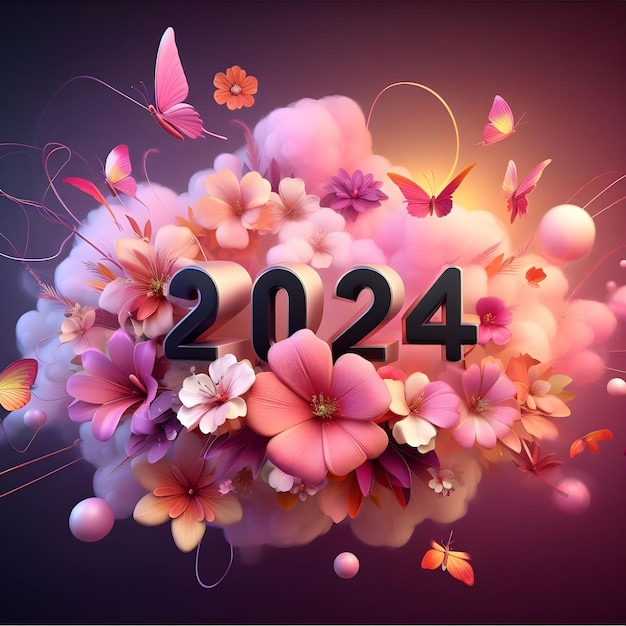 Foto gelukkig nieuwjaar 2024 met bloemen en vlinders.