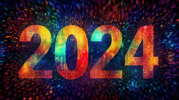 Gelukkig Nieuwjaar 2024 met vuurwerk op de achtergrond