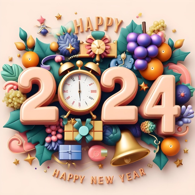 Foto gelukkig nieuwjaar 2024 pastelkleuren pulpurina druiven klok