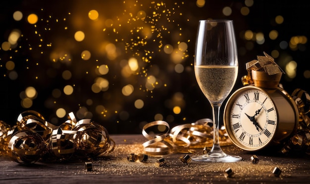 Gelukkig nieuwjaar achtergrond met champagne en een klok aftellen tot het nieuwe jaar
