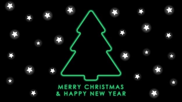 Gelukkig Nieuwjaar, briefkaart. Neon groene kerstboom en sterren op een zwarte achtergrond. Vakantie postauto
