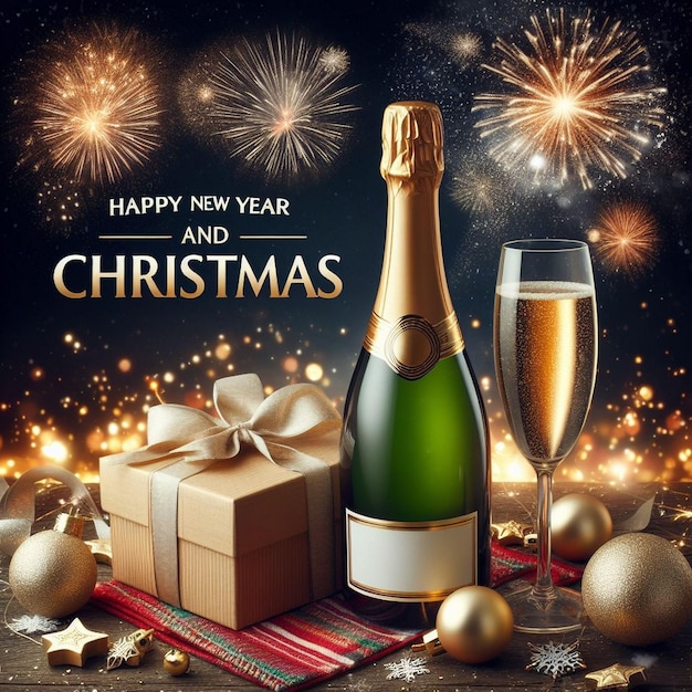 Gelukkig Nieuwjaar en Kerst achtergrond beelden Champagne fles prachtig kerstcadeau