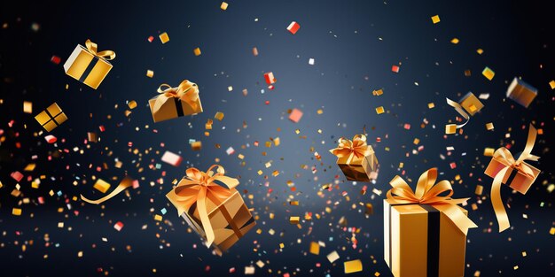 Gelukkig Nieuwjaar en Vrolijk Kerstfeest witte geschenkdoosjes met gouden strikken en pailletten Generative Ai