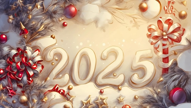 Foto gelukkig nieuwjaar illustratie gouden letters en cijfers 2025 op feestelijke veelkleurige kerst achtergrond met pailletten sterren sneeuw greetings postkaart kalender omslag ai gegenereerd