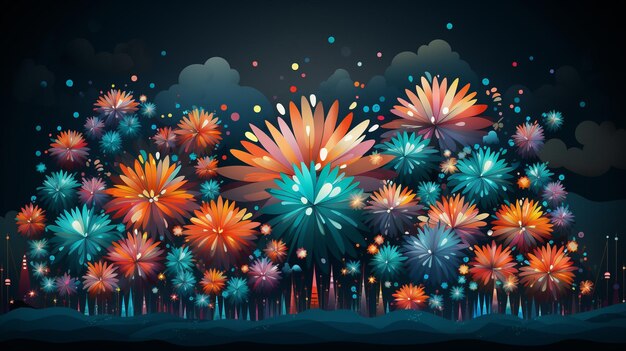 Foto gelukkig nieuwjaar met feestelijk vuurwerk explosies op donkere achtergrond