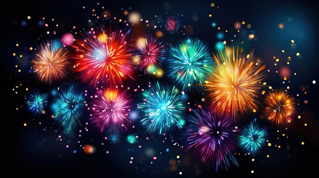 Gelukkig Nieuwjaar met glitter en vuurwerk heldere kleuren Generative Ai
