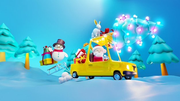Gelukkig Nieuwjaar Santa Claus draagt een kerstboom met een konijn in een vrolijke auto Kerst ontwerp banner moderne poster vakantie flyer brochure briefkaart Winter render 3d illustratie