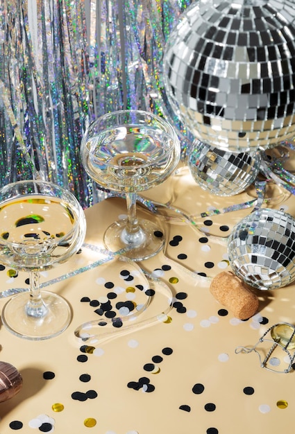 Gelukkig nieuwjaar viering concept thema met close-up op twee glazen champagne met glanzende zilveren discobal en confetti Trendy party time symbolen concept