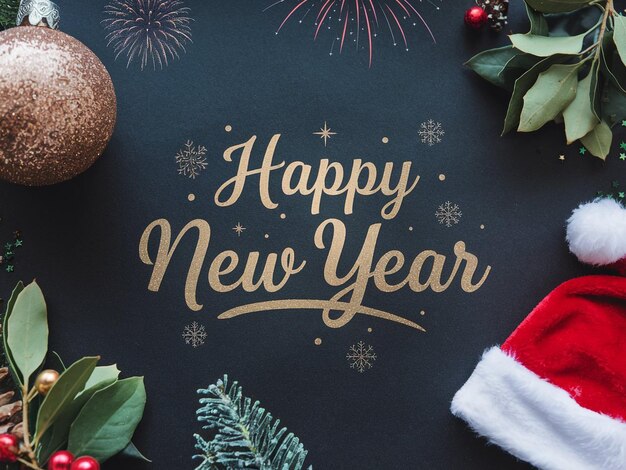 Gelukkig nieuwjaarsfeest tekst typografie lettering kerstbal op donkere achtergrond groetkaart