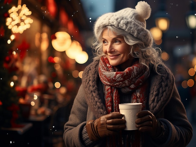 Gelukkig oudere vrouw met kopje koffie wandelen in straat met Kerstmis Vrije ruimte voor tekst