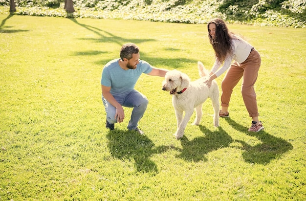 Gelukkig paar man en vrouw spelen met hond in zomer park groen gras geluk