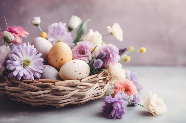 Gelukkig Pasen-concept met paaseieren in nest en lentebloemen op lichte achtergrond Pasen-achtergrond met exemplaarruimte