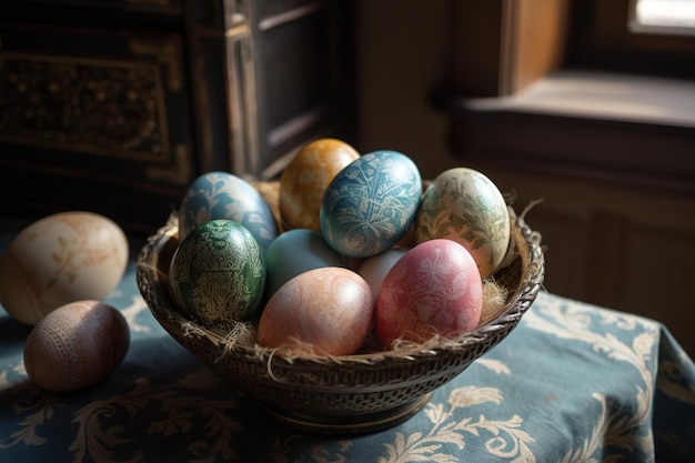 Gelukkig Pasen-concept met paaseieren in nest en lentebloemen op lichte achtergrond Pasen-achtergrond met exemplaarruimte