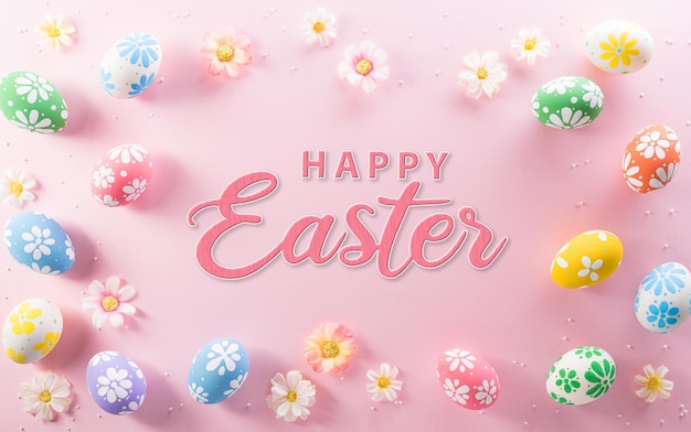 Gelukkig Pasen decoratie concept Kleurrijke paaseieren met bloemen en de tekst op roze pastel background