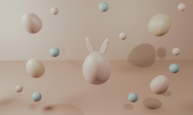 Gelukkig Pasen schattige cartoon Pasen samenstelling Bunny oren en beschilderde eieren op een delicate achtergrond 3D illustratie