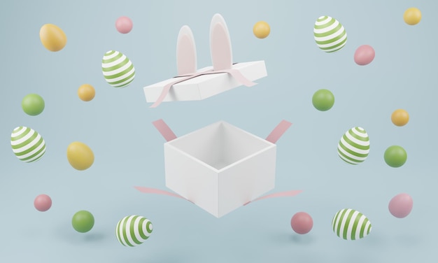 Gelukkig Pasen schattige cartoon Pasen samenstelling lege geschenk open doos voor het product Bunny oren en beschilderde eieren op een delicate achtergrond 3D illustratie