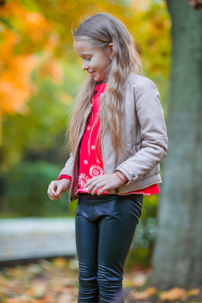 Gelukkig schattig klein meisje buitenshuis op mooie herfstdag