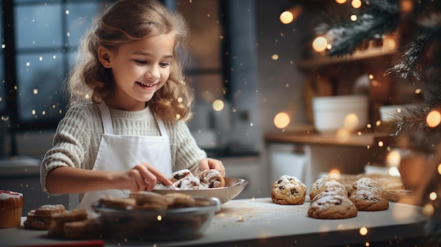 Gelukkig schattig klein meisje koekjes voorbereiden voor de viering van kerstavond thuis