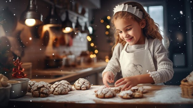 Gelukkig schattig klein meisje koekjes voorbereiden voor de viering van kerstavond thuis