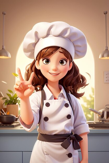 Gelukkig schattig meisje chef-kok ok teken tonen met haar hand banner logo cartoon kunst illustratie
