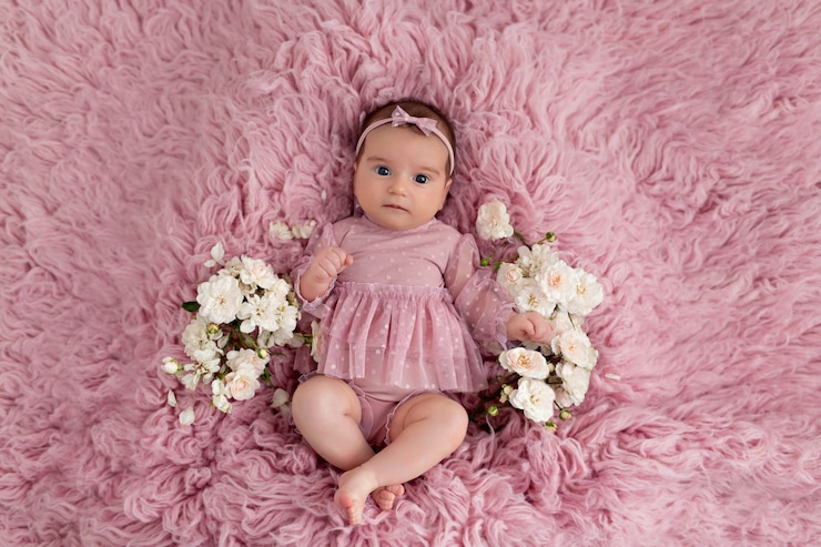 Foto gelukkig schattig meisje in een roze jurk ligt op haar rug met bloemen.