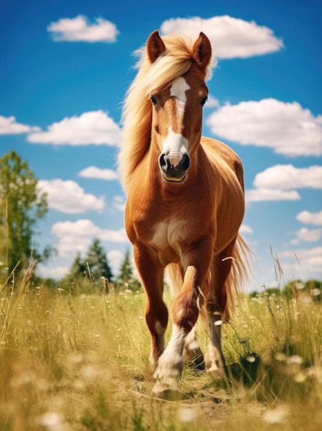 Gelukkig schattig paard op een zomerdag