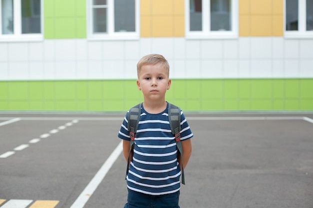 Gelukkig schattige slimme jongen met schooltas