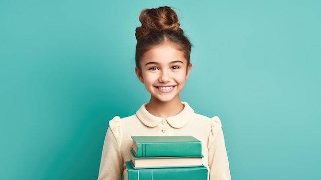 Gelukkig schoolmeisje van ongeveer 15 jaar oud met boeken, minimaal achtergrondonderwijsconcept