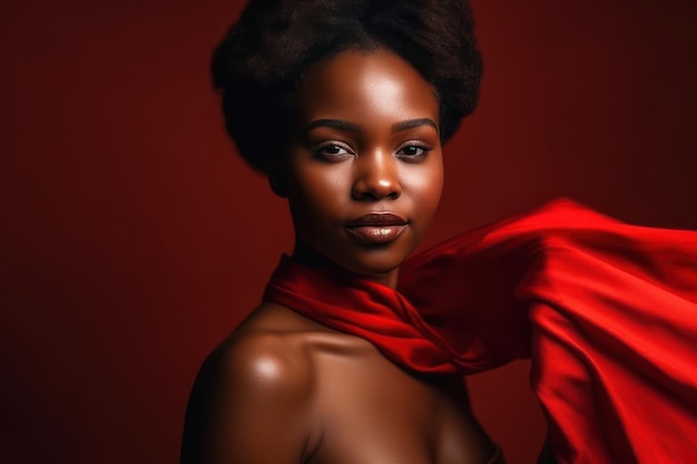gelukkig schoonheidsportret van een jonge Afrikaans-Amerikaanse vrouw die op een rode achtergrond poseert