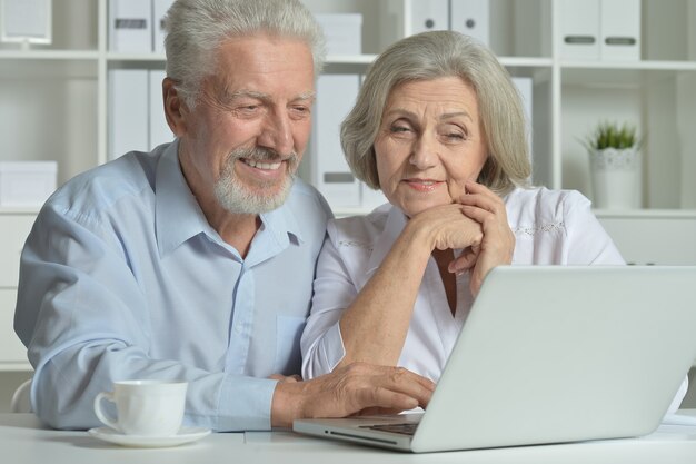 Gelukkig senior koppel met laptop op kantoor