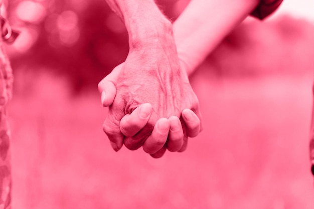 Gelukkig senior paar hand in hand man en vrouw houden elkaar vast romantiek liefde in bejaarde familie man en vrouw reizen samen in de natuur afgezwakt in viva magenta trendkleur van het jaar 2023