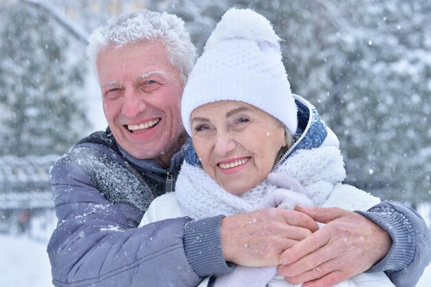 Gelukkig senior paar poseren in de winter buiten