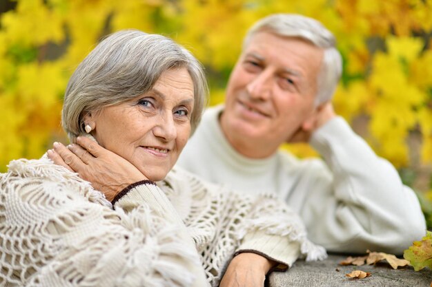 Gelukkig senior paar poseren op wazig herfst achtergrond