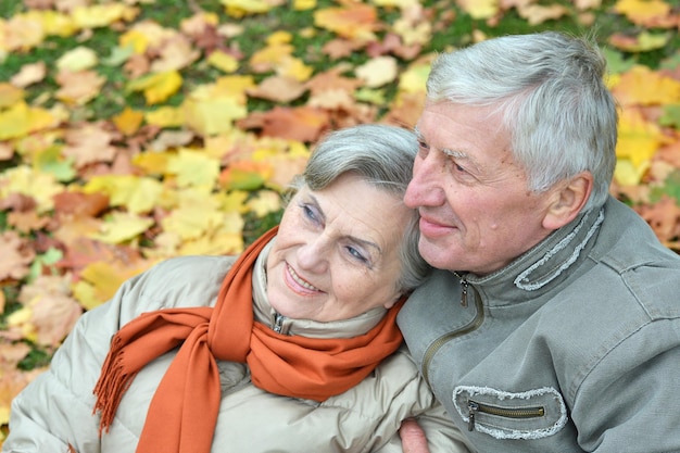 Gelukkig senior paar zitten in herfst park