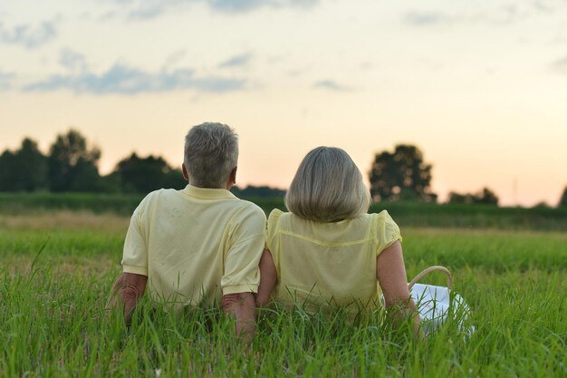 Gelukkig senior paar zittend op groen gras