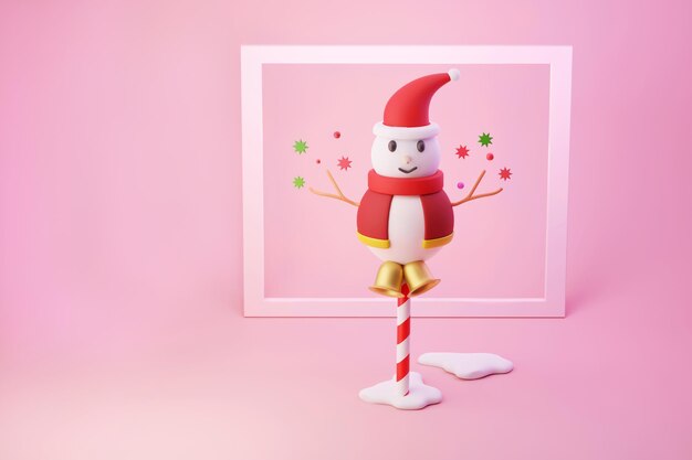 Gelukkig sneeuwpop snoepgoed, vakantie kerstfestival en nieuwjaarsdag op roze achtergrond 3d