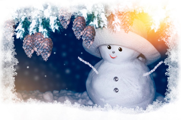 Gelukkig sneeuwpop Winterlandschap Prettige kerstdagen en gelukkig nieuwjaar wenskaart
