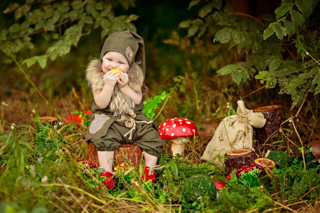 Gelukkig sprookjesbaby kabouterjongen spelen en wandelen in het bos, paddestoelen plukken, appels eten