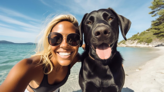 Gelukkig stel en hond op het strand in Canada Generatieve AI